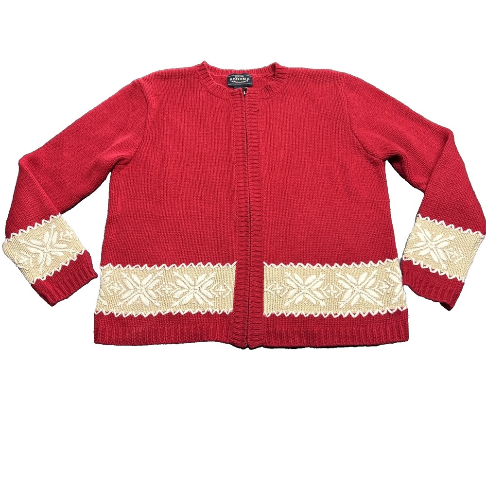 VTG Sonoma Jeans Cardigan M Red Snowflakes Full Zip Crew Neck Wool Blend 90s